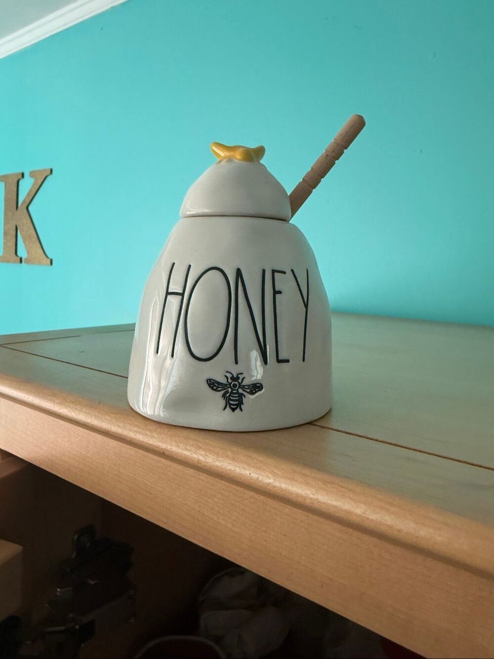 Rae Dunn Ceramic HONEY Pot Ivory with Black LL Letters Yellow Bee on Lid and Woo